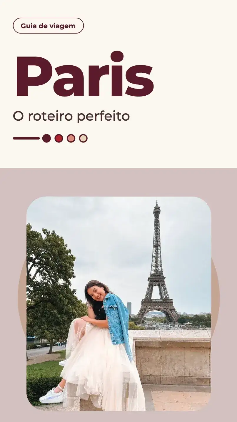 Capa do guia: Paris, o roteiro perfeito, com Camila sentada diante da Torre Eiffel