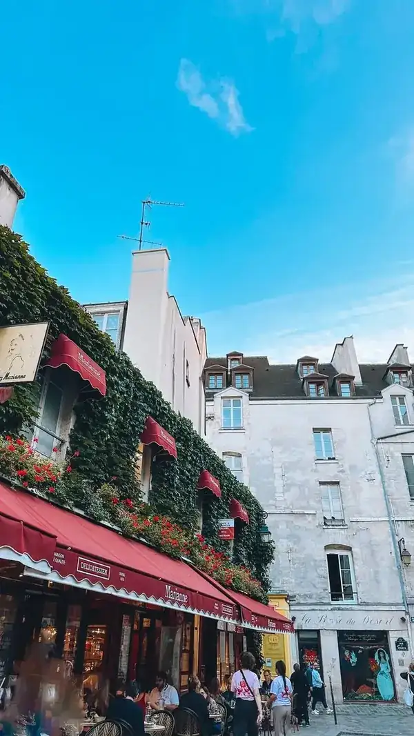 Rua de prédios com hera e céu azul em Paris